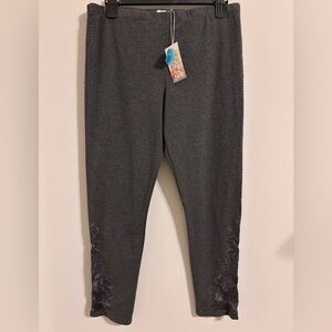 NWT Johnny Was Gen Legging pants in charcoal gray with floral embroidery